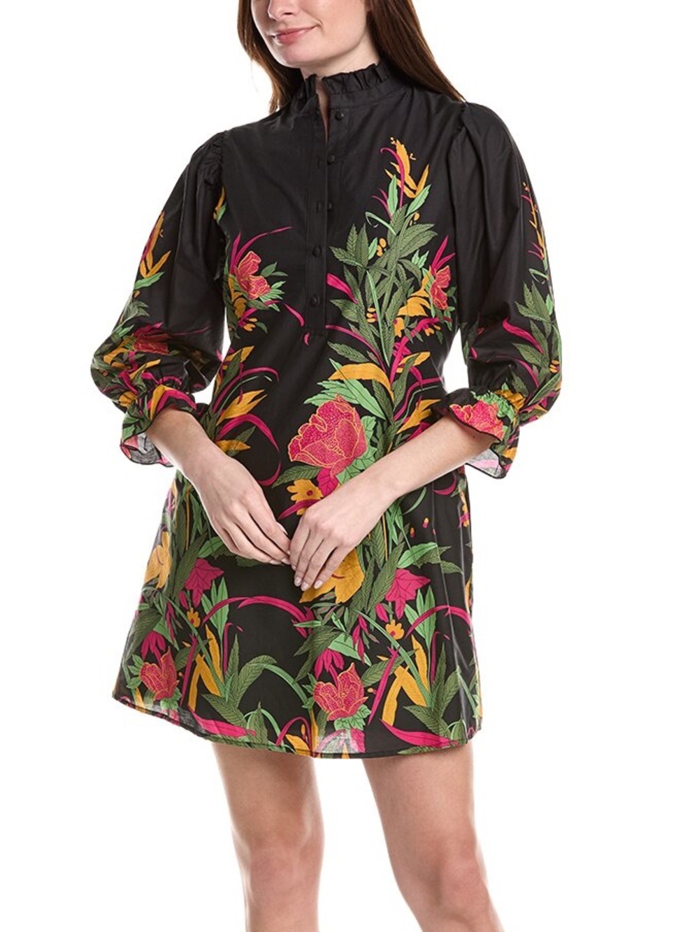 Flora Bea Adelina Black Floral Puff-Sleeve Mini Dress - Pink & Green Print